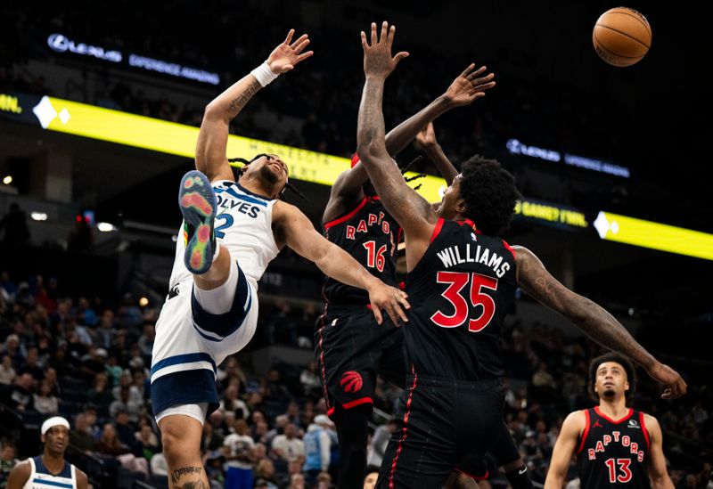 MINNEAPOLIS, MINNESOTA - APRIL 3: Daishen Nix #12 of the Minnesota Timberwolves has the ball knocked away in the fourth quarter of the game agains the Toronto Raptors at Target Center on April 3, 2024 in Minneapolis, Minnesota. NOTE TO USER: User expressly acknowledges and agrees that, by downloading and or using this photograph, User is consenting to the terms and conditions of the Getty Images License Agreement. (Photo by Stephen Maturen/Getty Images)