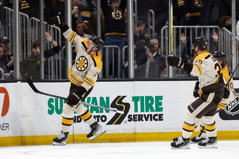 Mar 7, 2024; Boston, Massachusetts, USA; Boston Bruins center Trent Frederic (11) celebrates his goal against the Toronto Maple Leafs during the second period at TD Garden. Mandatory Credit: Winslow Townson-USA TODAY Sports