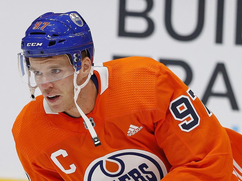 Sep 30, 2022; Edmonton, Alberta, CAN; Edmonton Oilers forward Connor McDavid (97) skates during warmup against the Calgary Flames at Rogers Place. Mandatory Credit: Perry Nelson-USA TODAY Sports