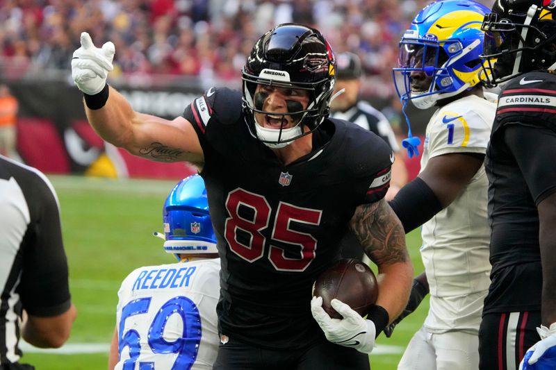 Arizona Cardinals tight end Trey McBride (85) celebrates against the Los Angeles Rams during the first half of an NFL football game, Sunday, Nov. 26, 2023, in Glendale, Ariz. (AP Photo/Rick Scuteri)