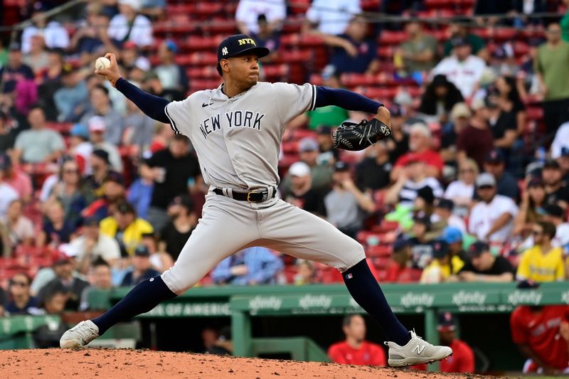 Sep 12, 2023; Boston, Massachusetts, USA; New York Yankees starting pitcher Jhony Brito (76) pitches against the Boston Red Sox during the fifth inning at Fenway Park. Mandatory Credit: Eric Canha-USA TODAY Sports