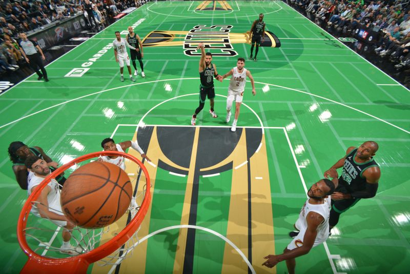 BOSTON, MA - NOVEMBER 19: Jayson Tatum #0 of the Boston Celtics shoots a free throw during the game against the Cleveland Cavaliers during the Emirates NBA Cup game on November 19, 2024 at TD Garden in Boston, Massachusetts. NOTE TO USER: User expressly acknowledges and agrees that, by downloading and/or using this Photograph, user is consenting to the terms and conditions of the Getty Images License Agreement. Mandatory Copyright Notice: Copyright 2024 NBAE (Photo by Jesse D. Garrabrant/NBAE via Getty Images)