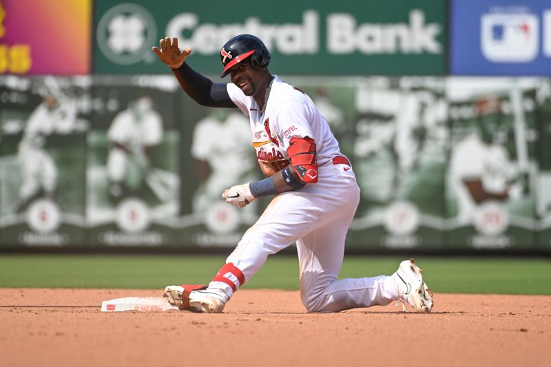 Aug 20, 2023; St. Louis, Missouri, USA; St. Louis Cardinals right fielder Jordan Walker (18) reacts after hitting an RBI double against the New York Mets in the seventh inning at Busch Stadium. Mandatory Credit: Joe Puetz-USA TODAY Sports