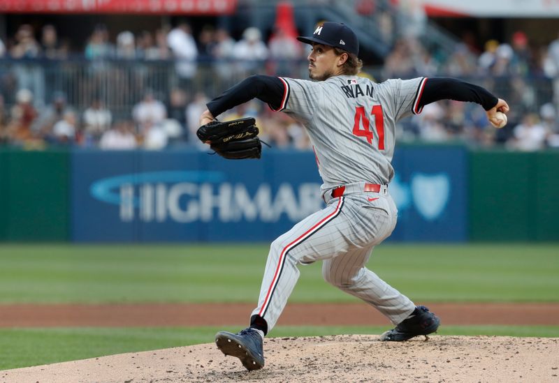 Jun 7, 2024; Pittsburgh, Pennsylvania, USA;  Minnesota Twins starting pitcher Joe Ryan (41) pitches against the Pittsburgh Pirates during the fourth inning at PNC Park. Mandatory Credit: Charles LeClaire-USA TODAY Sports