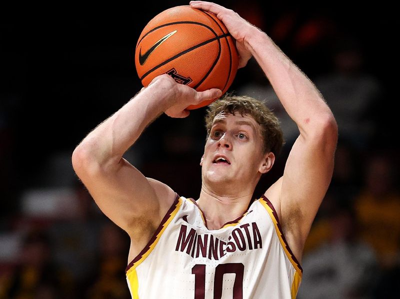 Dec 29, 2025; Minneapolis, Minnesota, USA; Minnesota Golden Gophers forward Cade Tyson (10) shoots the ball against the Fairleigh Dickinson Knights during the first half at Williams Arena. Mandatory Credit: Matt Krohn-Imagn Images