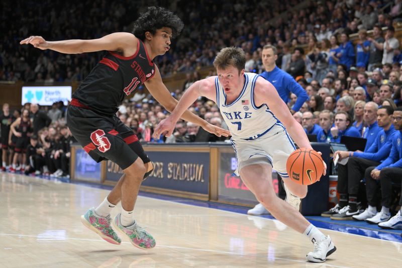 Feb 15, 2025; Durham, North Carolina, USA;  Duke Blue Devils forward Kon Knueppel (7) breaks around Stanford Cardinal guard Ryan Agarwal (11) during the second half at Cameron Indoor Stadium. Blue Devils won 106-70. Mandatory Credit: Zachary Taft-Imagn Images