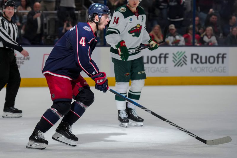 Jan 6, 2024; Columbus, Ohio, USA;  Columbus Blue Jackets center Cole Sillinger (4) celebrates with teammates after scoring a hat-trick goal against the Minnesota Wild in the third period at Nationwide Arena. Mandatory Credit: Aaron Doster-USA TODAY Sports