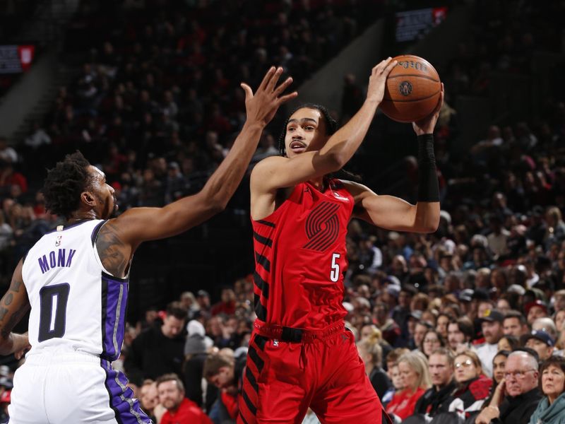 PORTLAND, OR - NOVEMBER 29: Dalano Banton #5 of the Portland Trail Blazers looks to pass the ball during the game against the Sacramento Kings during the Emirates NBA Cup on November 29, 2024 at the Moda Center Arena in Portland, Oregon. NOTE TO USER: User expressly acknowledges and agrees that, by downloading and or using this photograph, user is consenting to the terms and conditions of the Getty Images License Agreement. Mandatory Copyright Notice: Copyright 2024 NBAE (Photo by Cameron Browne/NBAE via Getty Images)