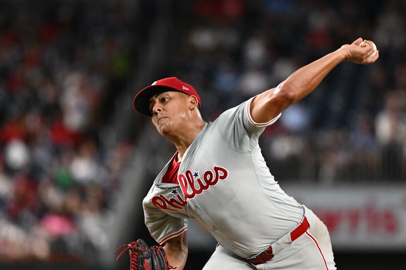 Sep 27, 2024; Washington, District of Columbia, USA;  Philadelphia Phillies pitcher Ranger Suarez (55) delivers a pitch second inning against the Washington Nationals at Nationals Park. Mandatory Credit: James A. Pittman-Imagn Images