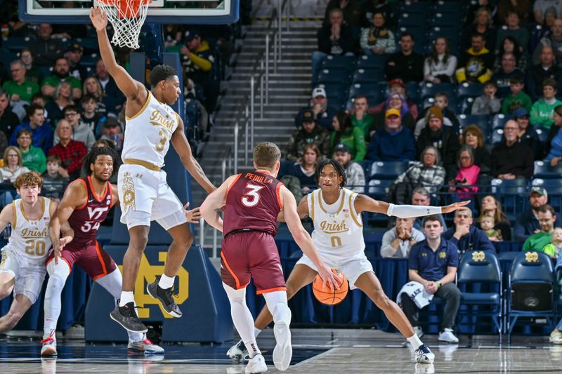 Feb 10, 2024; South Bend, Indiana, USA; Virginia Tech Hokies guard Sean Pedulla (3) dribbles as Notre Dame Fighting Irish guard Markus Burton (3) and forward Carey Booth (0) defend in the first half at the Purcell Pavilion. Mandatory Credit: Matt Cashore-USA TODAY Sports