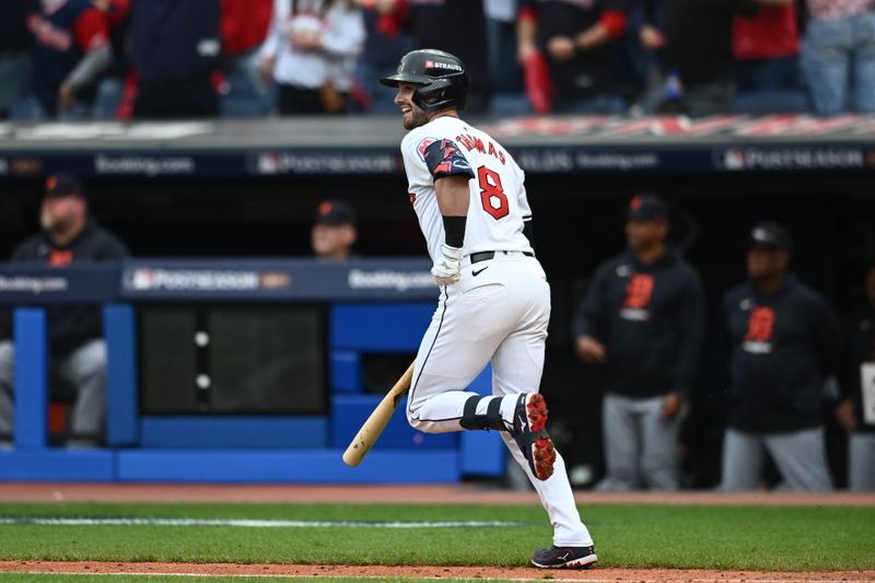 Oct 12, 2024; Cleveland, Ohio, USA; Cleveland Guardians outfielder Lane Thomas (8) runs the bases after hitting a grand slam in the fifth inning against the Detroit Tigers during game five of the ALDS for the 2024 MLB Playoffs at Progressive Field. Mandatory Credit: Ken Blaze-Imagn Images