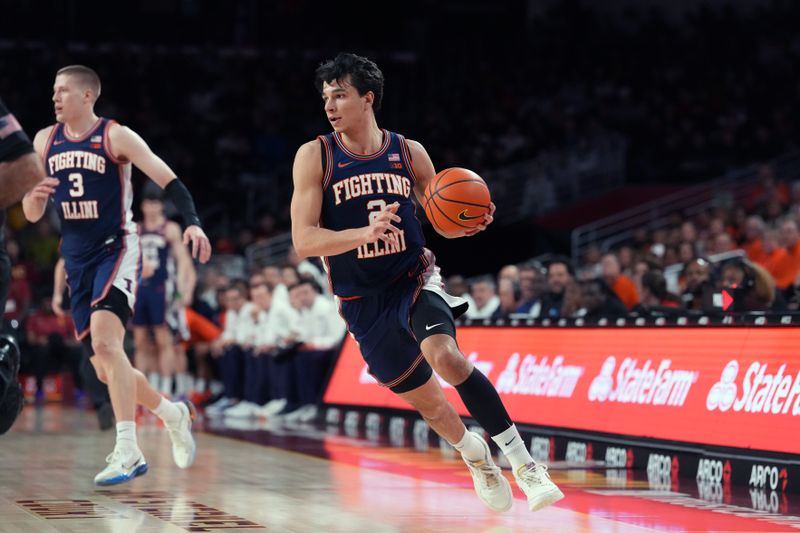 Feb 18, 2026; Los Angeles, California, USA; Illinois Fighting Illini guard Andrej Stojakovic (2) dribbles the ball against the Southern California Trojans in the first half at Galen Center. Mandatory Credit: Kirby Lee-Imagn Images