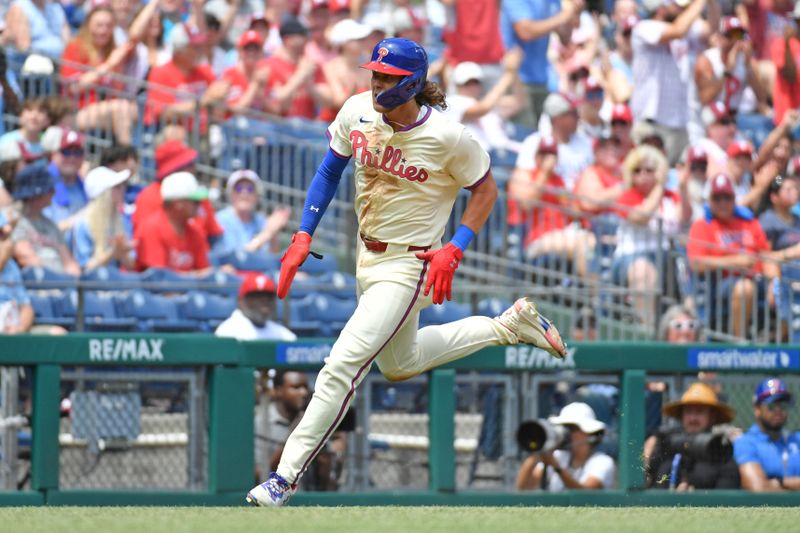 Jun 23, 2024; Philadelphia, Pennsylvania, USA; Philadelphia Phillies third base Alec Bohm (28) runs towards home while scoring a run against the Arizona Diamondbacks during the second inning at Citizens Bank Park. Mandatory Credit: Eric Hartline-USA TODAY Sports