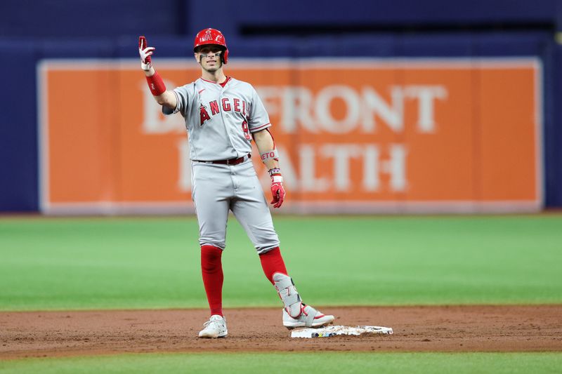 Sep 20, 2023; St. Petersburg, Florida, USA;  Los Angeles Angels shortstop Zach Neto (9) reacts after hitting an rbi double against the Tampa Bay Rays in the second inning at Tropicana Field. Mandatory Credit: Nathan Ray Seebeck-USA TODAY Sports