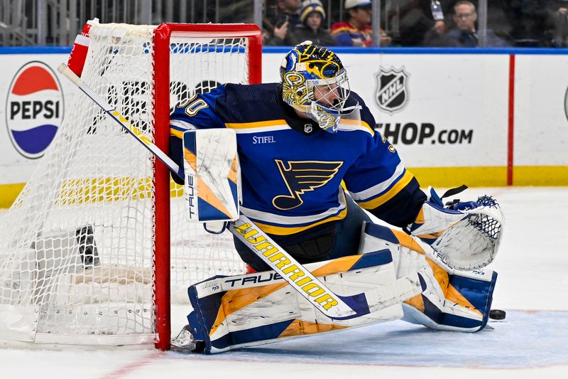 Jan 9, 2024; St. Louis, Missouri, USA;  St. Louis Blues goaltender Joel Hofer (30) defends the net against the Florida Panthers during the third period at Enterprise Center. Mandatory Credit: Jeff Curry-USA TODAY Sports