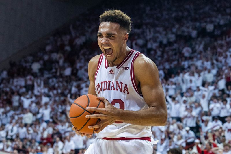 Nov 30, 2022; Bloomington, Indiana, USA;Indiana Hoosiers forward Trayce Jackson-Davis (23) reacts to a basket in the first half against the North Carolina Tar Heels at Simon Skjodt Assembly Hall. Mandatory Credit: Trevor Ruszkowski-USA TODAY Sports