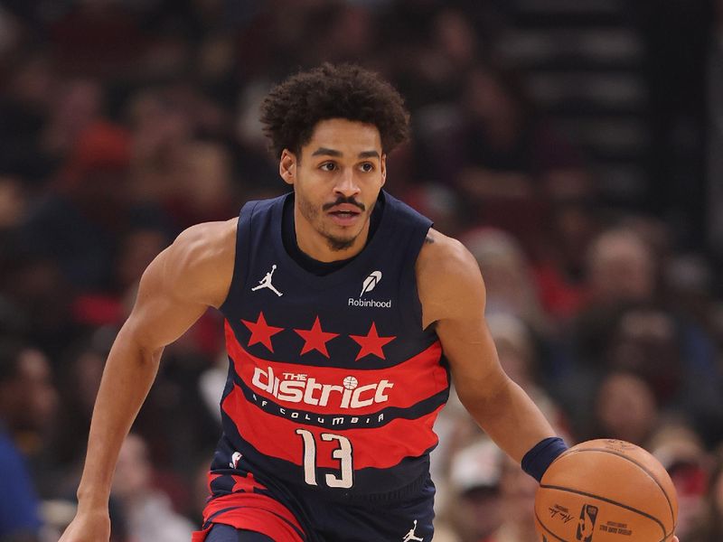 CHICAGO, ILLINOIS - JANUARY 10: Jordan Poole #13 of the Washington Wizards dribbles up the court against the Chicago Bulls during the first half at the United Center on January 10, 2025 in Chicago, Illinois. NOTE TO USER: User expressly acknowledges and agrees that, by downloading and or using this photograph, User is consenting to the terms and conditions of the Getty Images License Agreement.  (Photo by Michael Reaves/Getty Images)