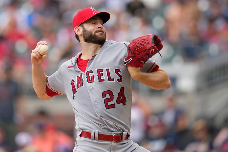 Aug 2, 2023; Cumberland, Georgia, USA; Los Angeles Angels starting pitcher Lucas Giolito (24) pitches against the Atlanta Braves during the first inning at Truist Park. Mandatory Credit: Dale Zanine-USA TODAY Sports