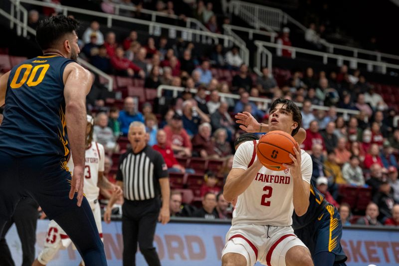 Mar 7, 2024; Stanford, California, USA; Stanford Cardinal guard Andrej Stojakovic (2) shoots a jump shot against California Golden Bears forward Fardaws Aimaq (00) during the first half at Maples Pavillion. Mandatory Credit: Neville E. Guard-USA TODAY Sports