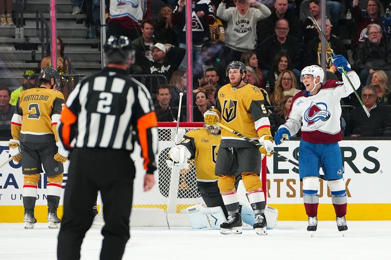 Dec 27, 2025; Las Vegas, Nevada, USA;Colorado Avalanche left wing Artturi Lehkonen (62) celebrates after scoring a goal against the Vegas Golden Knights during the second period at T-Mobile Arena. Mandatory Credit: Stephen R. Sylvanie-Imagn Images