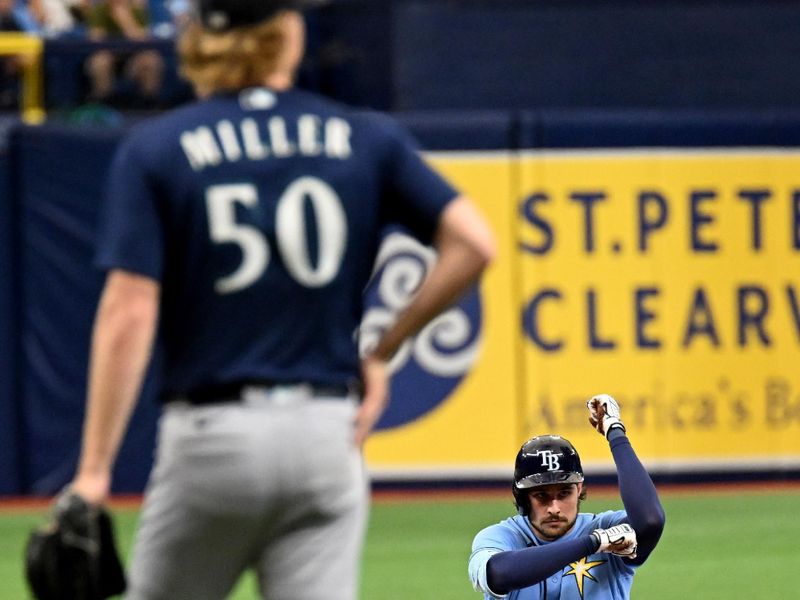 Sep 10, 2023; St. Petersburg, Florida, USA; Tampa Bay Rays right fielder Josh Lowe (15) celebrates after hitting a double in the third inning against the Seattle Mariners  at Tropicana Field. Mandatory Credit: Jonathan Dyer-USA TODAY Sports