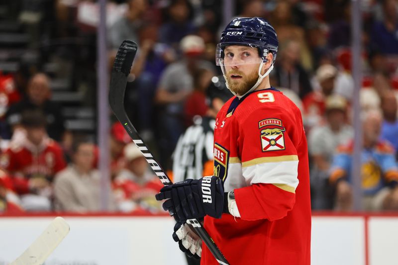 Apr 23, 2024; Sunrise, Florida, USA; Florida Panthers center Sam Bennett (9) looks on against the Tampa Bay Lightning during the first period in game two of the first round of the 2024 Stanley Cup Playoffs at Amerant Bank Arena. Mandatory Credit: Sam Navarro-USA TODAY Sports