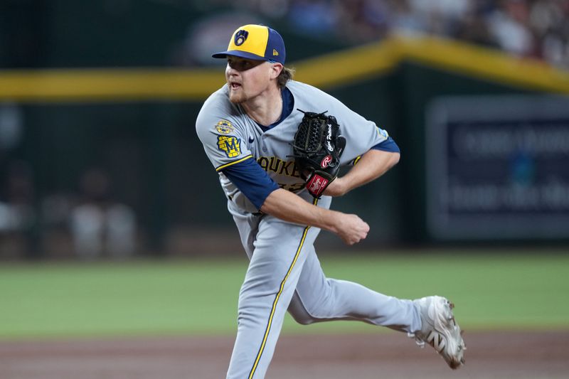 Apr 12, 2025; Phoenix, Arizona, USA; Milwaukee Brewers pitcher Chad Patrick (39) pitches against the Arizona Diamondbacks during the first inning at Chase Field. Mandatory Credit: Joe Camporeale-Imagn Images