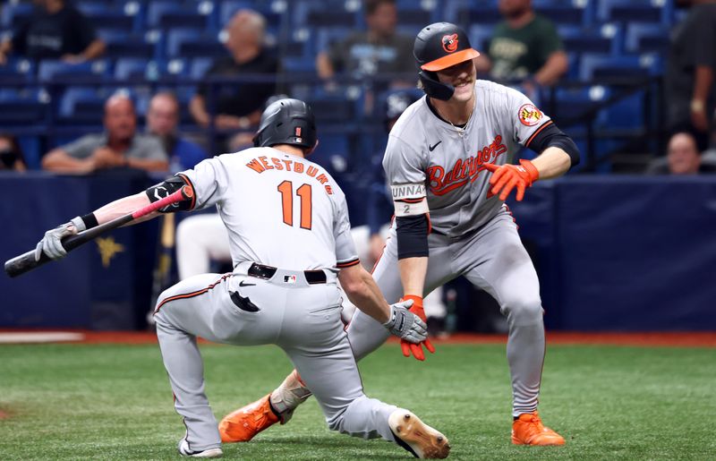 Jun 10, 2024; St. Petersburg, Florida, USA;  Baltimore Orioles shortstop Gunnar Henderson (2) is congratulated by third base Jordan Westburg (11) after he hit a home run against the Tampa Bay Rays during the first inning at Tropicana Field. Mandatory Credit: Kim Klement Neitzel-USA TODAY Sports