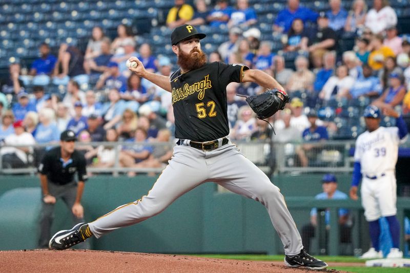 Aug 29, 2023; Kansas City, Missouri, USA; Pittsburgh Pirates starting pitcher Colin Selby (52) delivers a pitch against the Kansas City Royals in the first inning at Kauffman Stadium. Mandatory Credit: Denny Medley-USA TODAY Sports
