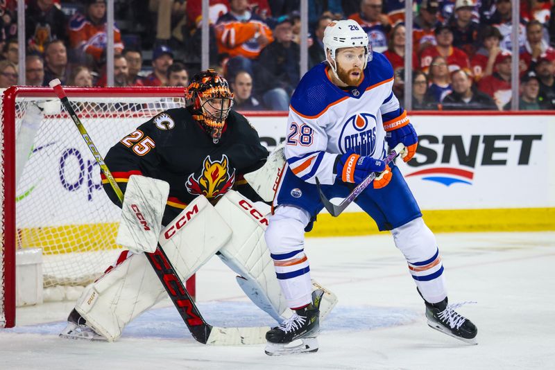 Apr 6, 2024; Calgary, Alberta, CAN; Edmonton Oilers right wing Connor Brown (28) screens in front of Calgary Flames goaltender Jacob Markstrom (25) during the third period at Scotiabank Saddledome. Mandatory Credit: Sergei Belski-USA TODAY Sports