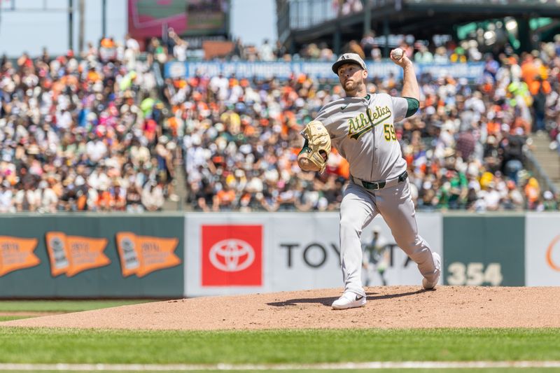 May 18, 2025; San Francisco, California, USA; Oakland Athletics pitcher Jeffrey Springs (59) throws a pitch during the first inning against the San Francisco Giants at Oracle Park. Mandatory Credit: Bob Kupbens-Imagn Images