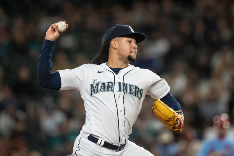 Apr 22, 2023; Seattle, Washington, USA; Seattle Mariners starter Luis Castillo (58) delivers a pitch during the first inning against the St. Louis Cardinals at T-Mobile Park. Mandatory Credit: Stephen Brashear-USA TODAY Sports