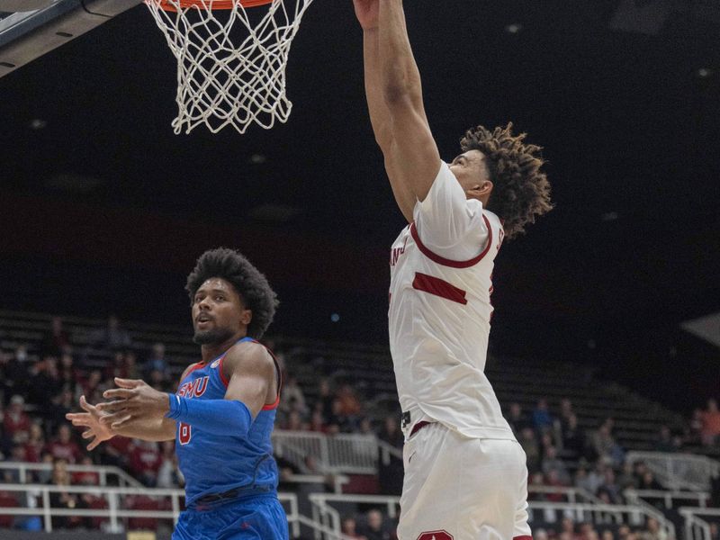 Mar 1, 2025; Stanford, California, USA;  Stanford Cardinal guard Oziyah Sellers (4) dunks the ball during the first half against Southern Methodist Mustangs guard Kario Oquendo (8) at Maples Pavilion. Mandatory Credit: Stan Szeto-Imagn Images