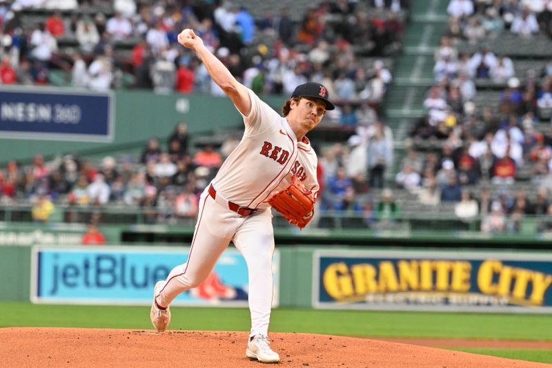 May 19, 2025; Boston, Massachusetts, USA; Boston Red Sox starting pitcher Hunter Dobbins (73) pitches against the New York Mets during the first inning at Fenway Park. Mandatory Credit: Eric Canha-Imagn Images