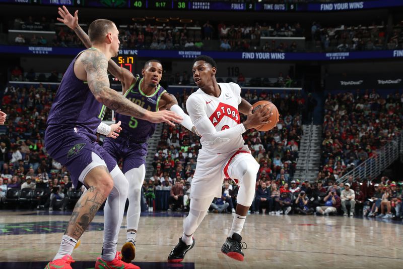 NEW ORLEANS, LA - NOVEMBER 27:   RJ Barrett #9 of the Toronto Raptors drives to the basket during the game against the New Orleans Pelicans during a regular season game on November 27, 2024 at the Smoothie King Center in New Orleans, Louisiana. NOTE TO USER: User expressly acknowledges and agrees that, by downloading and or using this Photograph, user is consenting to the terms and conditions of the Getty Images License Agreement. Mandatory Copyright Notice: Copyright 2024 NBAE (Photo by Layne Murdoch Jr./NBAE via Getty Images)