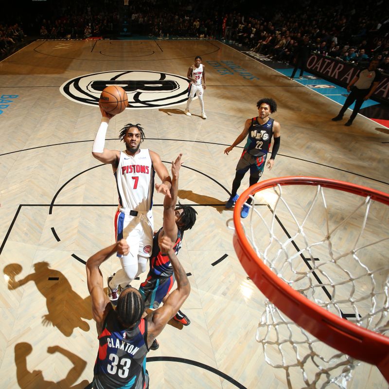 BROOKLYN, NY - APRIL 6: Troy Brown Jr. #7 of the Detroit Pistons drives to the basket during the game against the Brooklyn Nets on April 6, 2024 at Barclays Center in Brooklyn, New York. NOTE TO USER: User expressly acknowledges and agrees that, by downloading and or using this Photograph, user is consenting to the terms and conditions of the Getty Images License Agreement. Mandatory Copyright Notice: Copyright 2024 NBAE (Photo by Nathaniel S. Butler/NBAE via Getty Images)