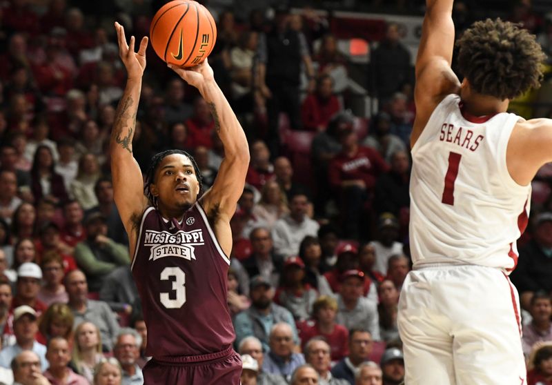 Feb 3, 2024; Tuscaloosa, Alabama, USA; Mississippi State guard Shakeel Moore (3) takes a three point shot over Alabama guard Mark Sears (1) at Coleman Coliseum. Mandatory Credit: Gary Cosby Jr.-USA TODAY Sports