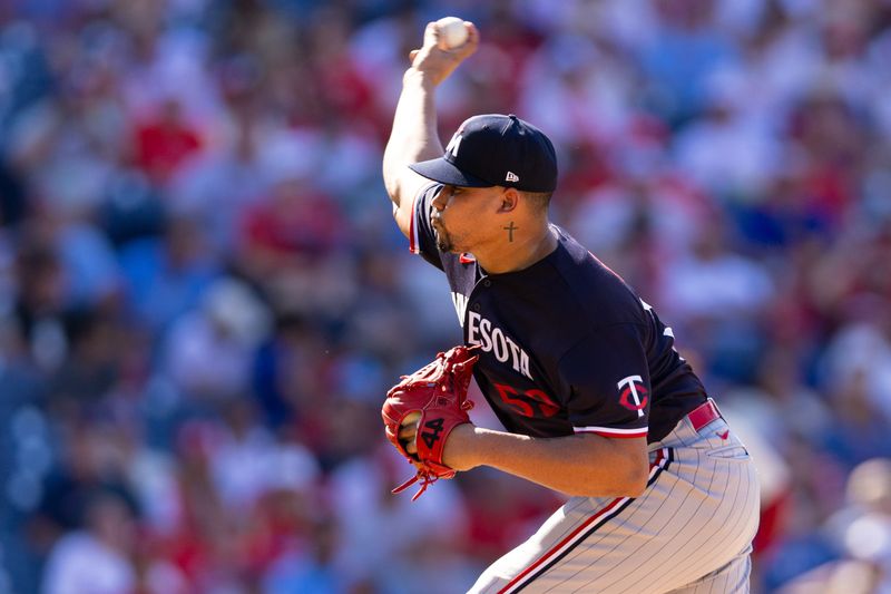 Aug 13, 2023; Philadelphia, Pennsylvania, USA; Minnesota Twins relief pitcher Jhoan Duran (59) throws a pitch during the ninth inning against the Philadelphia Phillies at Citizens Bank Park. Mandatory Credit: Bill Streicher-USA TODAY Sports