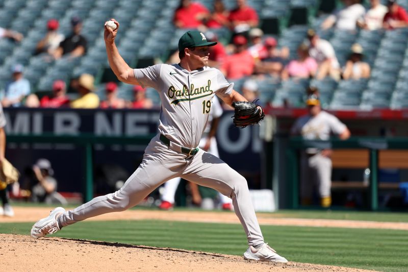 Jun 26, 2024; Anaheim, California, USA;  Oakland Athletics relief pitcher Mason Miller (19) pitches during the eighth inning against the Los Angeles Angels at Angel Stadium. Mandatory Credit: Kiyoshi Mio-USA TODAY Sports