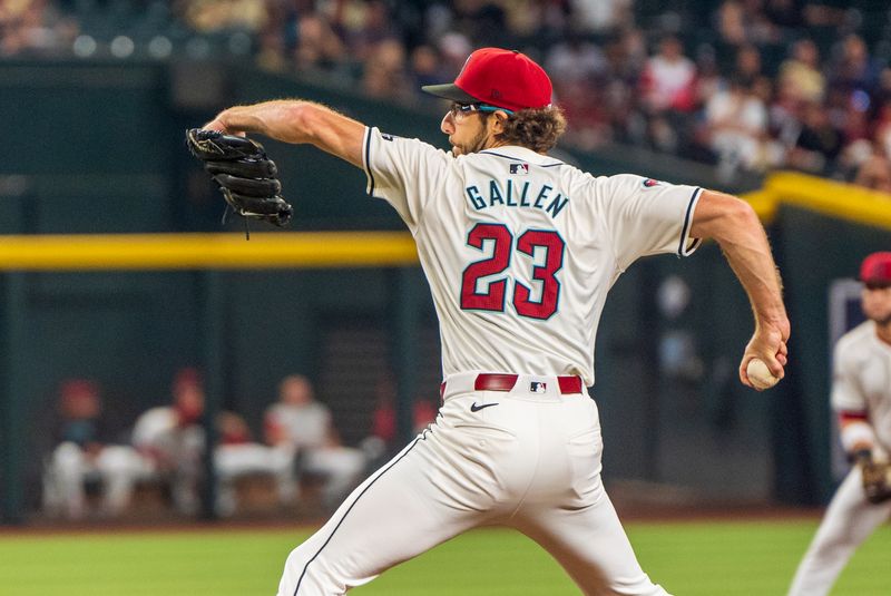 Sep 15, 2024; Phoenix, Arizona, USA; Arizona Diamondbacks starting pitcher Zac Gallen (23) on the mound in the first inning during a game against the Milwaukee Brewers at Chase Field. Mandatory Credit: Allan Henry-USA TODAY Sports