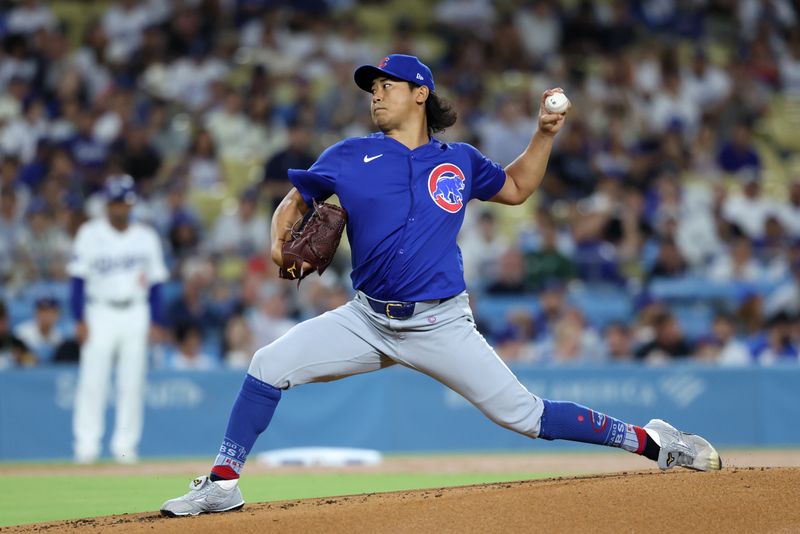 Sep 10, 2024; Los Angeles, California, USA;  Chicago Cubs starting pitcher Shota Imanaga (18) pitches during the first inning against the Los Angeles Dodgers at Dodger Stadium. Mandatory Credit: Kiyoshi Mio-Imagn Images