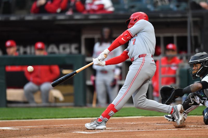 Apr 12, 2024; Chicago, Illinois, USA; Cincinnati Reds left fielder Spencer Steer (7) hits a double during the first inning against the Chicago White Sox at Guaranteed Rate Field. Mandatory Credit: Patrick Gorski-USA TODAY Sports