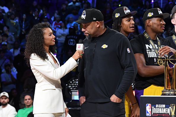 LAS VEGAS, NV - DECEMBER 9: Head Coach Darvin Ham of the Los Angeles Lakers speaks to the media after winning the In-Season Tournament Championship game against the Indiana Pacers on December 9, 2023 at T-Mobile Arena in Las Vegas, Nevada. NOTE TO USER: User expressly acknowledges and agrees that, by downloading and or using this photograph, User is consenting to the terms and conditions of the Getty Images License Agreement. Mandatory Copyright Notice: Copyright 2023 NBAE (Photo by Andrew D. Bernstein/NBAE via Getty Images)