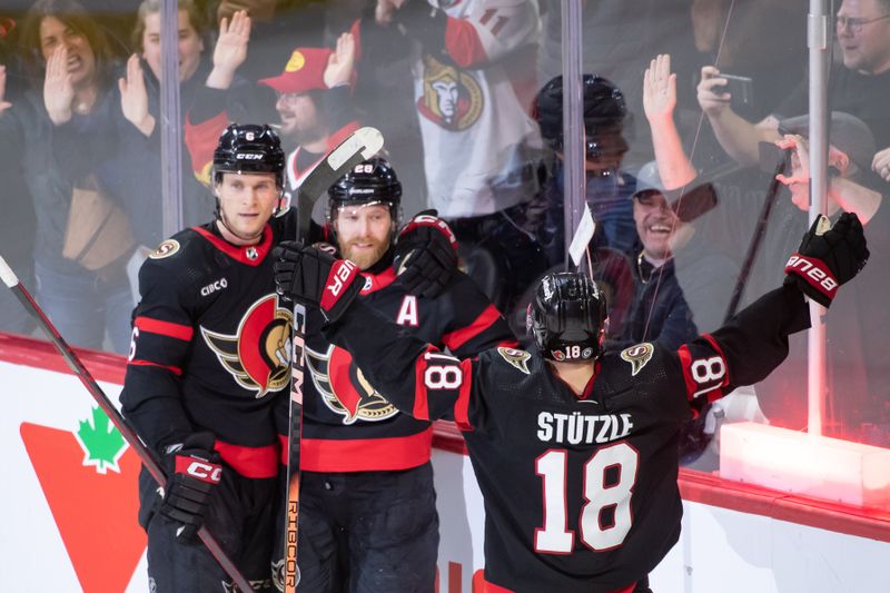 Jan 29, 2024; Ottawa, Ontario, CAN; Ottawa Senators defenseman Jakob Chychrun (6) and center Tim Stutzle (18) congratulate right wing Claude Giroux (28) on his overtime goal scored against the Nashville Predators at the Canadian Tire Centre. Mandatory Credit: Marc DesRosiers-USA TODAY Sports