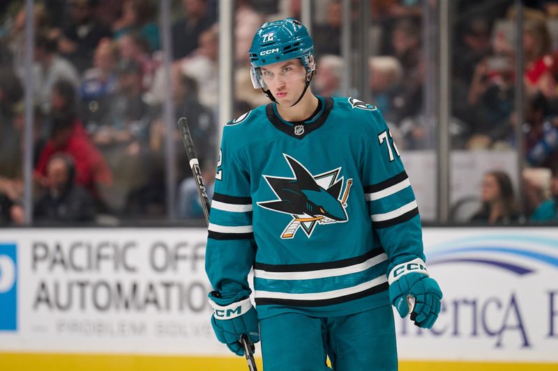 Oct 20, 2024; San Jose, California, USA; San Jose Sharks left wing William Eklund (72) skates on the ice during a stoppage of play against the Colorado Avalanche in the third period at San Jose. Mandatory Credit: Robert Edwards-Imagn Images