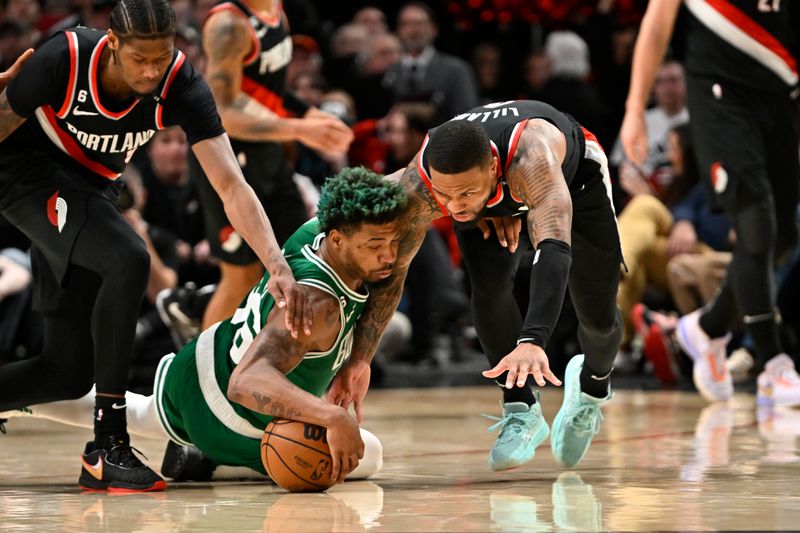 PORTLAND, OREGON - MARCH 17: Marcus Smart #36 of the Boston Celtics and Damian Lillard #0 of the Portland Trail Blazers go after a loose ball during the fourth quarter at the Moda Center on March 17, 2023 in Portland, Oregon. The Boston Celtics won 126-112. NOTE TO USER: User expressly acknowledges and agrees that, by downloading and or using this photograph, User is consenting to the terms and conditions of the Getty Images License Agreement. (Photo by Alika Jenner/Getty Images)