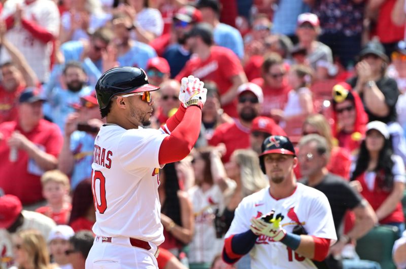 Apr 13, 2025; St. Louis, Missouri, USA; St. Louis Cardinals first baseman Willson Contreras (40) celebrates as he approaches home plate after hitting a two-run home run in the fourth inning against the Philadelphia Phillies at Busch Stadium. Mandatory Credit: Tim Vizer-Imagn Images