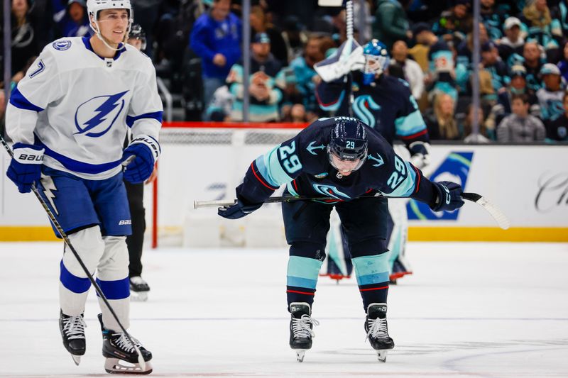 Dec 9, 2023; Seattle, Washington, USA; Seattle Kraken defenseman Vince Dunn (29) reacts following a 4-3 overtime loss against the Tampa Bay Lightning at Climate Pledge Arena. Mandatory Credit: Joe Nicholson-USA TODAY Sports