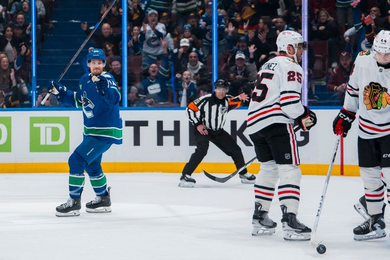 Mar 15, 2025; Vancouver, British Columbia, CAN; Vancouver Canucks forward Pius Suter (24) celebrates his goal against the Chicago Blackhawks in the third period at Rogers Arena. Mandatory Credit: Bob Frid-Imagn Images