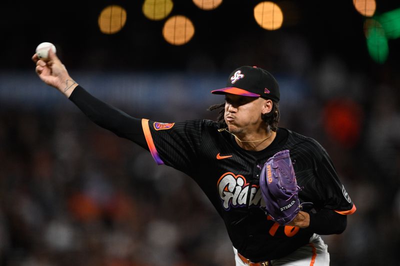 Sep 23, 2025; San Francisco, California, USA; San Francisco Giants pitcher Spencer Bivens (76) throws against the St. Louis Cardinals during the seventh inning at Oracle Park. Mandatory Credit: Eakin Howard-Imagn Images